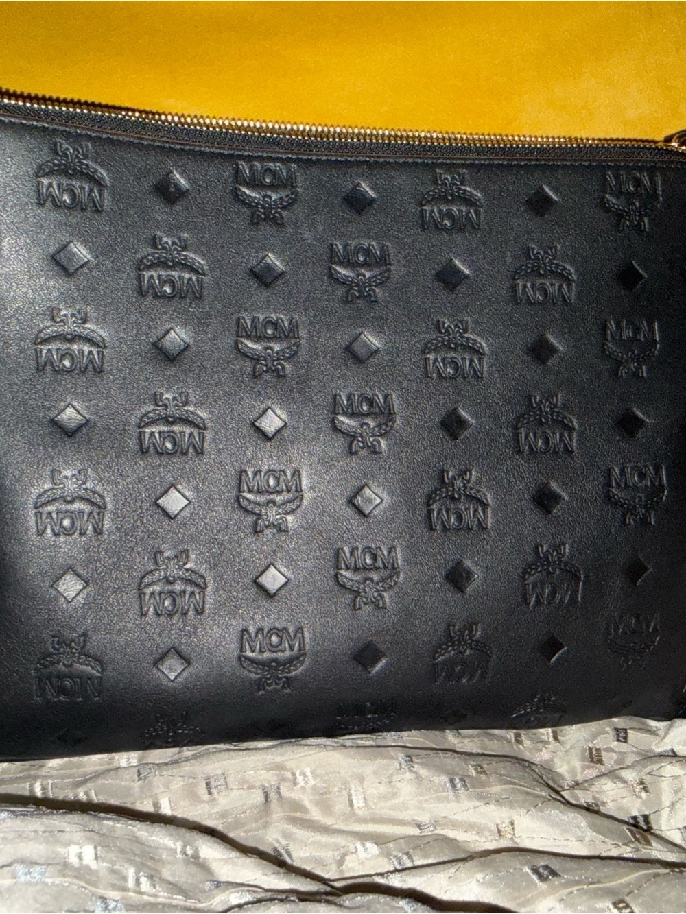 MCM Aren Logo Embossed Leather Crossbody Pouch – Black | Excellent Condition